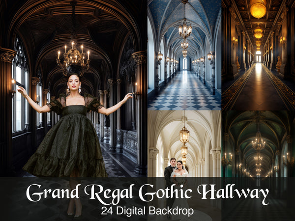 Majestic Grand Regal Hallway Digital Backdrops, Neoclassical Palace Interior, Vintage Gothic