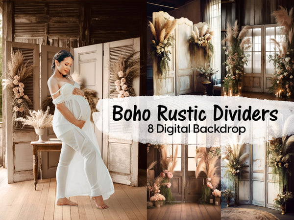 Boho Rustic Room With Wooden Door and Screen Digital Backdrops