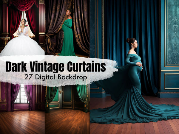Dark Vintage Curtains With Neoclassical Baroque Wall Panels Digital Backdrops