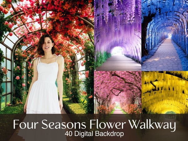 Four Seasons Flower Walkway Scenic Stills for Couple, Solo Portrait Digital Backdrops
