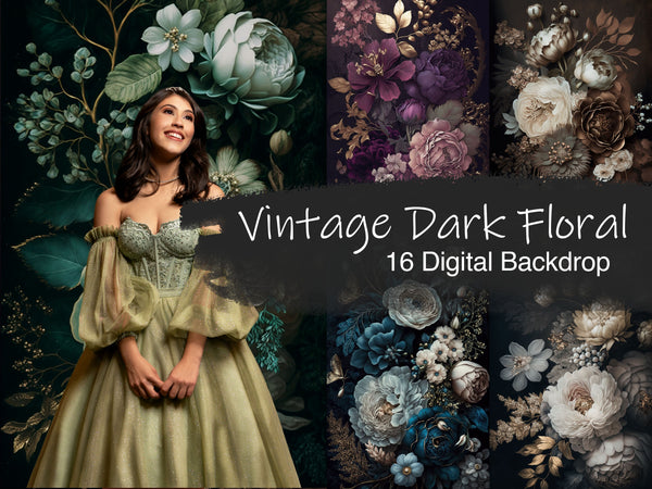 Vintage Dark Floral Fine Art Texture Oversized Flowers Digital Backdrops
