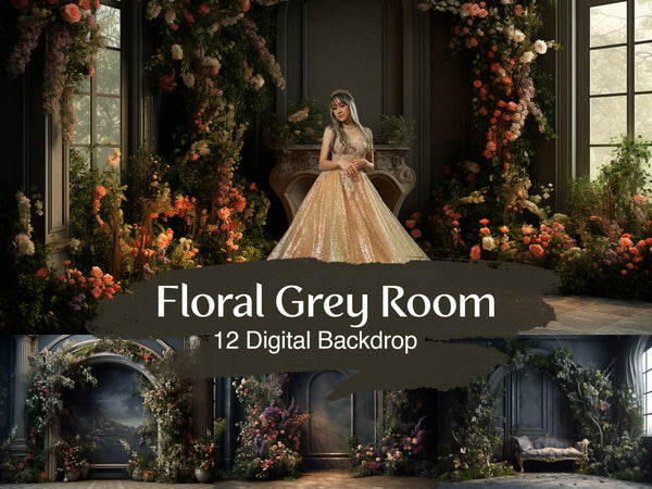 Floral Grey Room: Captivating Digital Backdrops for Timeless Photography