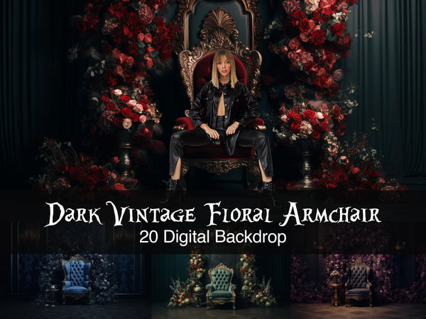 Dark Vintage Floral Armchair Digital Backdrops in Multicolor for Portraits, Boudoir and Pets
