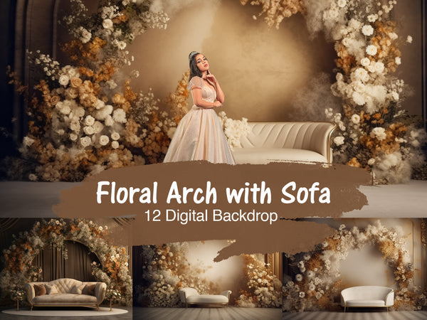 Floral Arch with Elegant Sofa - Digital Backdrops for Captivating Photography