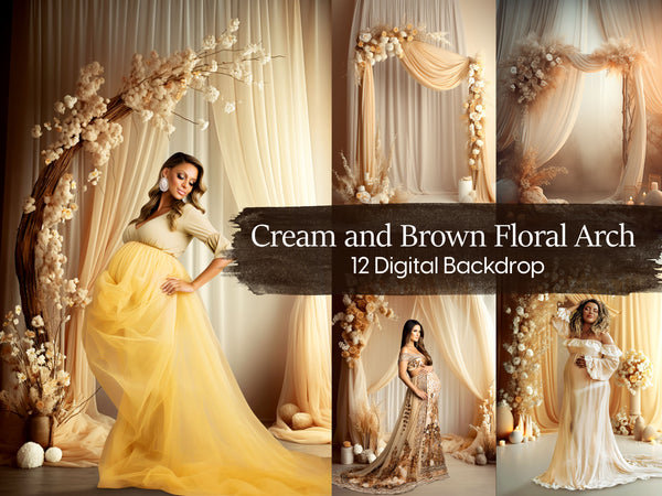 Cream and Brown Boho Floral Arch Digital Backdrops