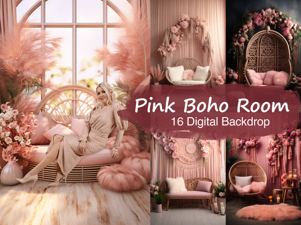 Pink Boho Room Digital Backdrop Set - Embrace Tranquility and Free-Spirited Vibes in Your Photography