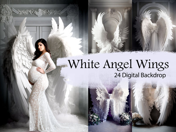 Maternity White Angel Wings With Victorian White Ornate Walls Digital Backgrounds