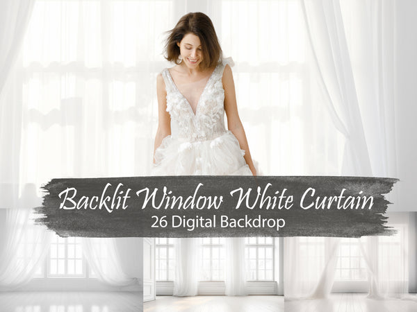 Elegant Backlit Window with White Sheer Curtains and Chandelier White Interior Room Digital Backdrops