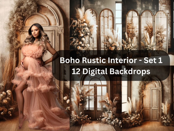 Boho Rustic Screen Divider and Wooden Door with Pampas Grass Digital Backdrops