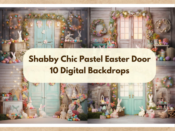 Spring Shabby Chic Easter Pastel Wooden Door Digital Backdrops with Easter Eggs and Bunnies