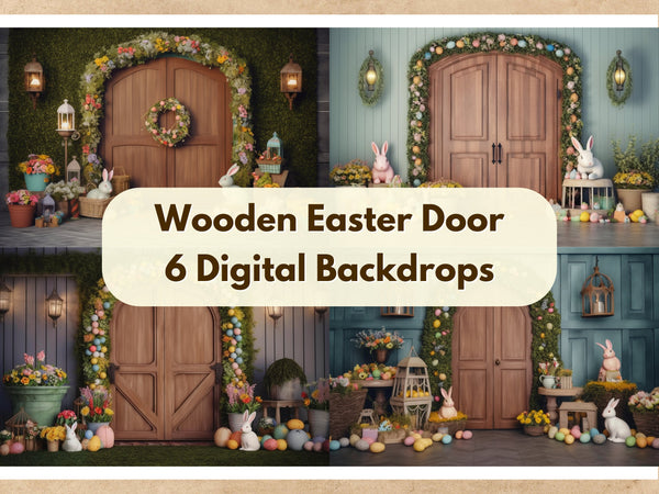 Easter Wooden Door With Rainbow Easter Egg Garland and Wreath Digital Photography Backdrop