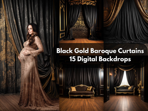 Vintage Black and Gold Neoclassical Baroque Curtain Digital Backdrops
