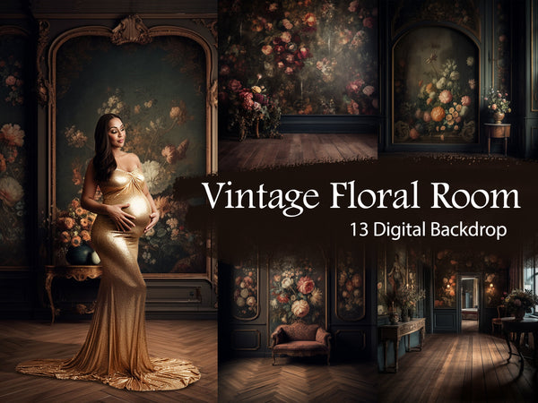 Dark Vintage Floral Room Old Masters Style Baroque Digital Backdrops