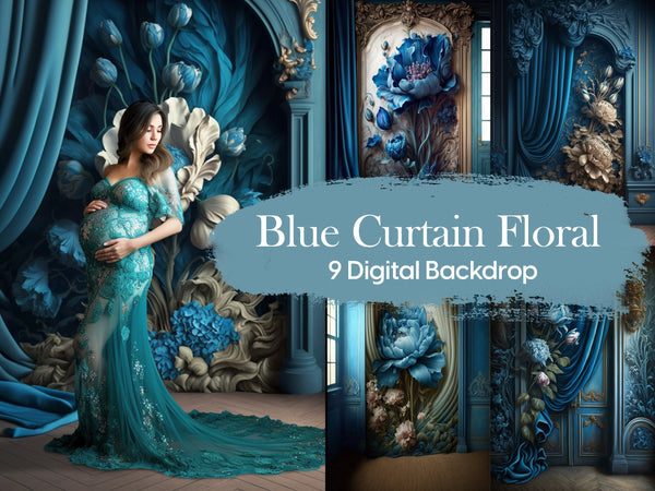 Vintage Fine Art Floral Wall With Blue Curtain Digital Backdrops