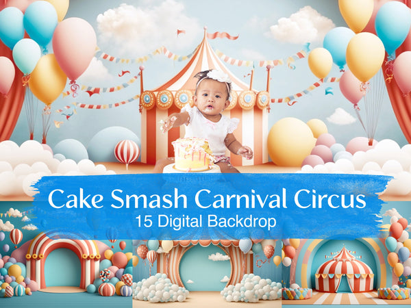 Carnival and Circus Digital Backdrops with Rainbow Balloon Arch for Birthday Cake Smash and Baby Shower