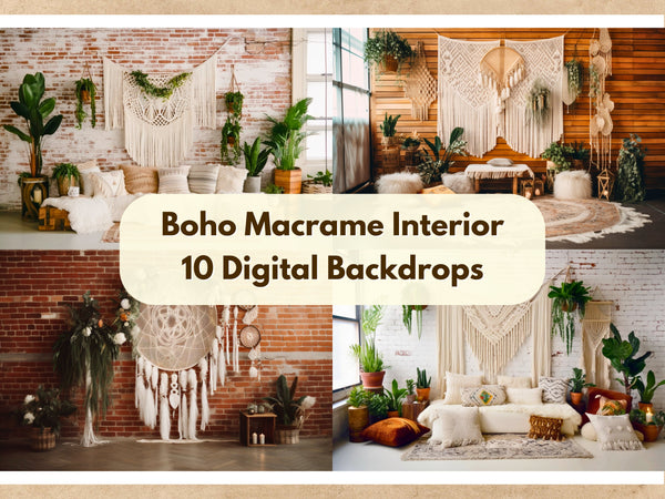 Spring Boho Macrame Floor Pillows Room Digital Backdrops
