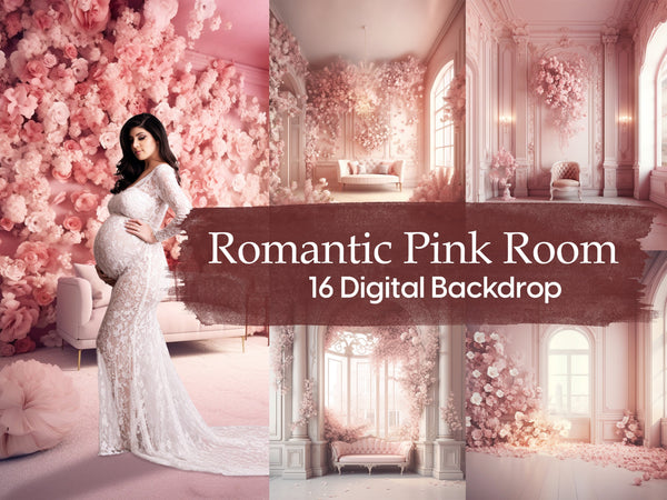 Spring Romantic Pink Flower Interior Room with Sofa Couch and Armchair Digital Backdrops in Portrait and Landscape