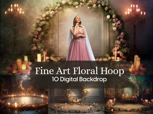 Dark Moody Fine Art Floral Hoop With Candles and Floral Circle on Floor Digital Backdrops