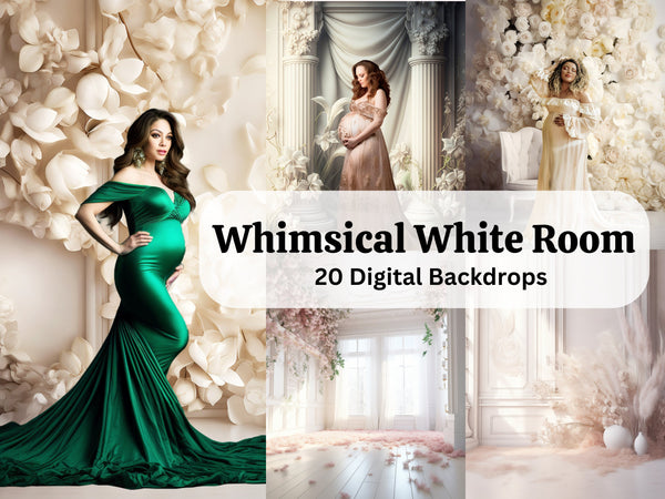 Whimsical White Room with Floral Arch and Flower Wall Digital Backdrops