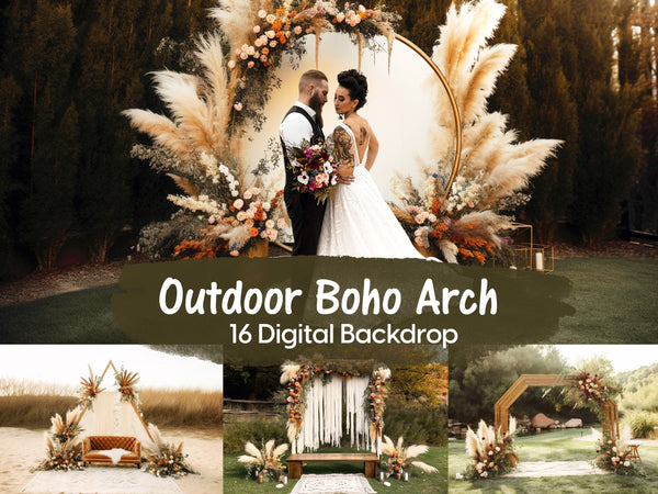 Outdoor Boho Floral Arch With Foliage And Pampas Grass Digital Backdrops