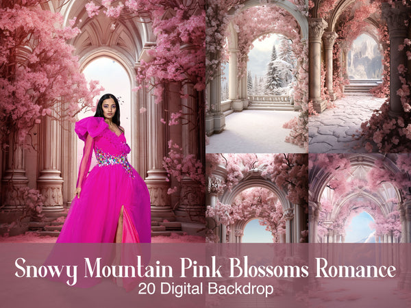 Snowy Mountain Pink Blossoms Romance - Elevate Your Photography with Captivating Backdrops of Serene Beauty and Dreamy Elegance