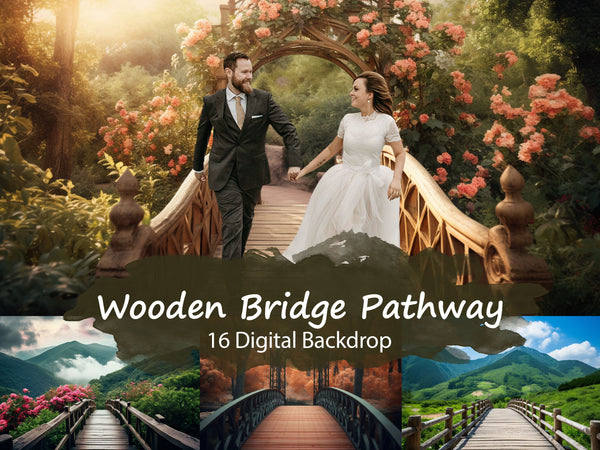 Wooden Bridge Pathway Digital Backdrops - Step into Serene Enchantment