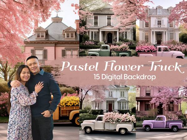 Pastel Flower Truck: Whimsical Digital Backdrops for Enchanting Photography