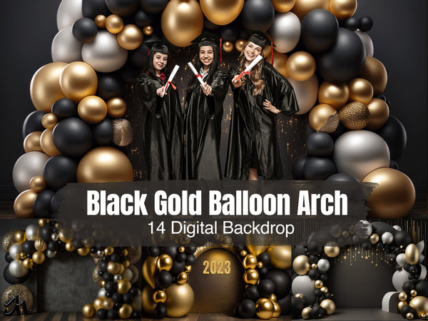 Graduation Black and Gold Balloon Arch Digital Backgrounds, Class of 2023, College Graduate/Senior Digital Backdrops