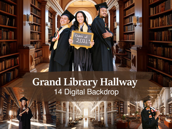 Grand Library Hallway Graduation Digital Backgrounds, Class of 2023 Graduate/Senior Backdrops, Antique Library Bookcase Backdrop Overlays